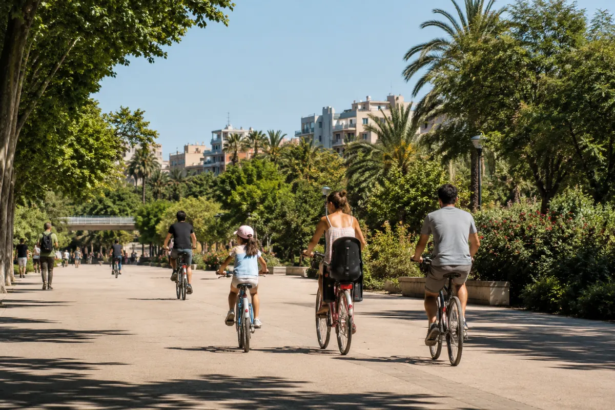 Personas en bicicleta por el Jardín del Turia en Valencia
