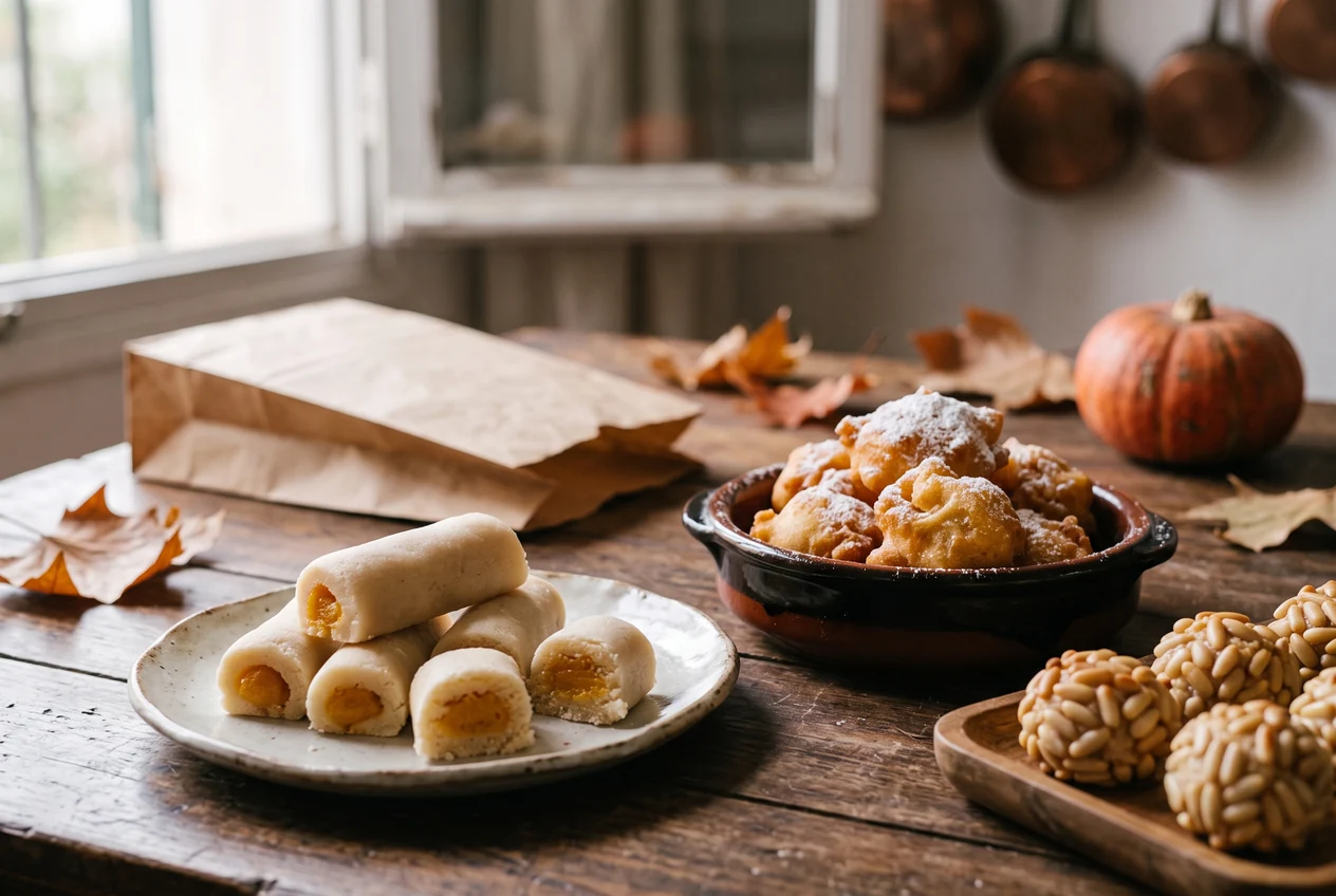 Huesos de santo, buñuelos and panellets, traditional All Saints' Day sweets in Valencia