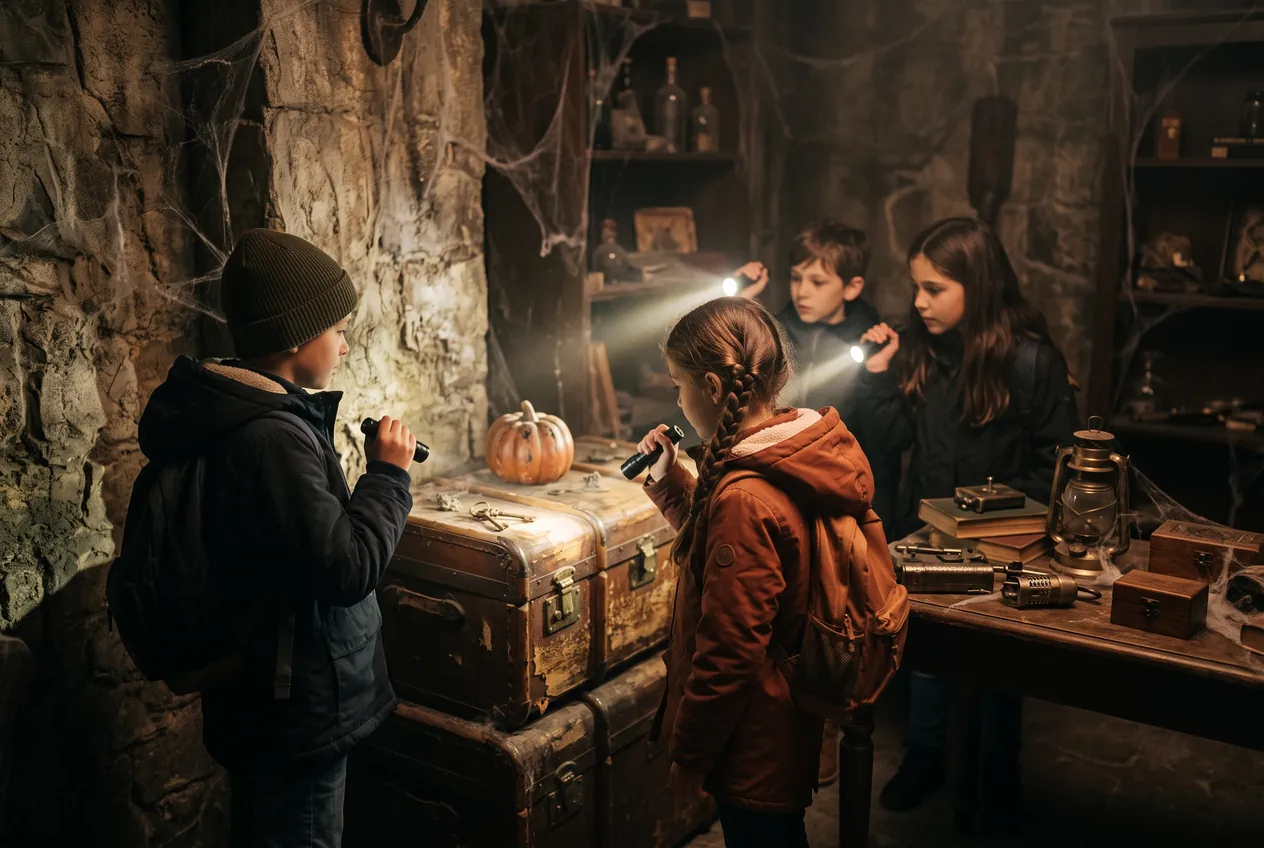 Children with flashlights solving riddles in a mysterious Halloween room