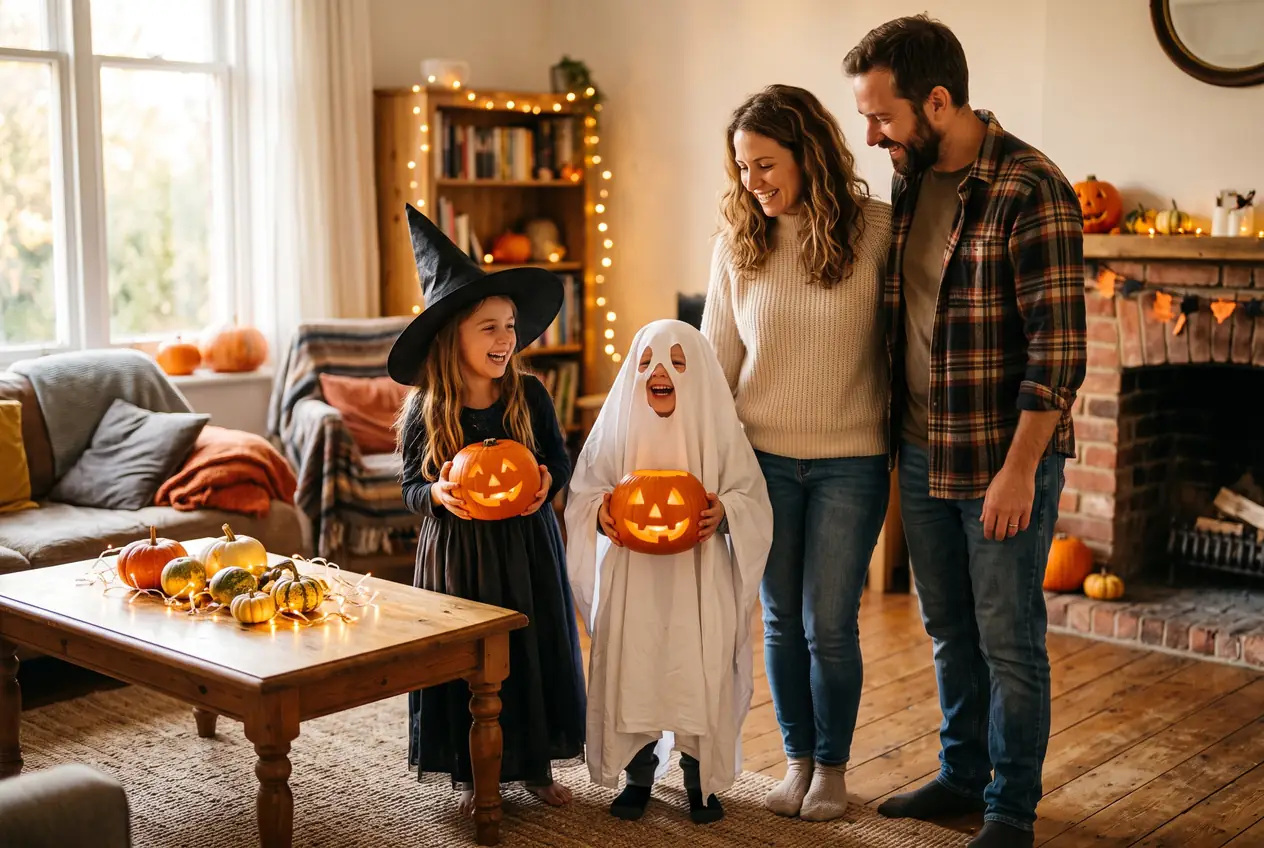 Family in Halloween costumes with pumpkins